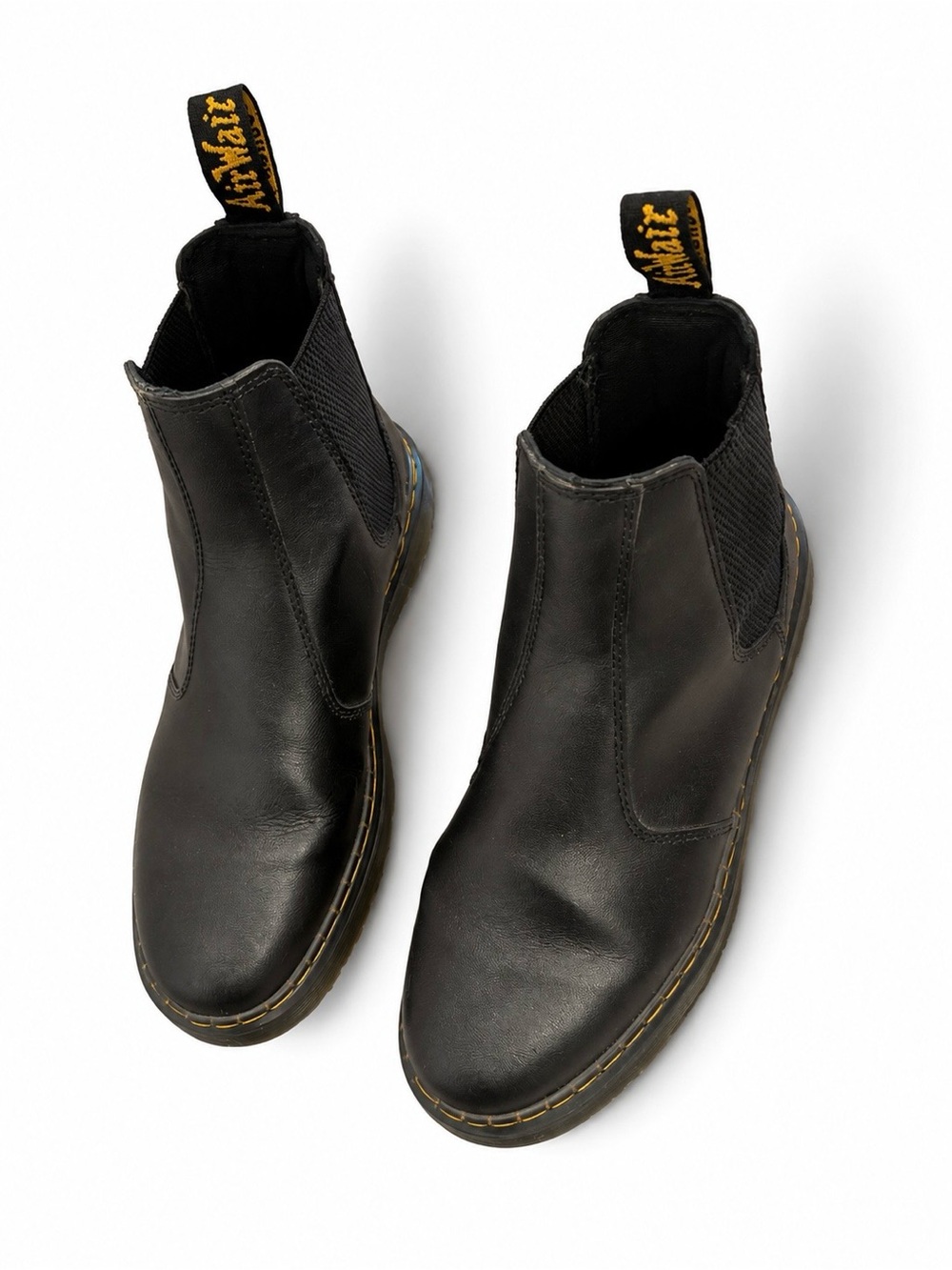 Dr. Martens Black Leather Chelsea Chukka Boots with Yellow Heel Loop